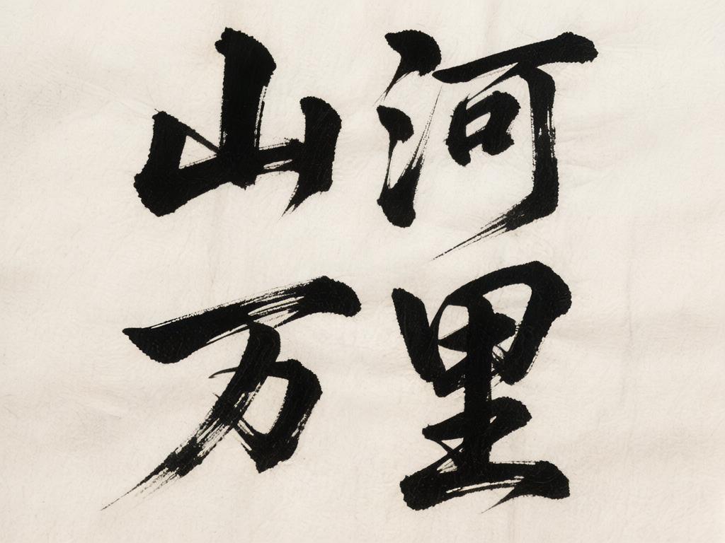 图中展示了一幅模拟中国传统书法的作品，背景是带有细微纤维质感的米白色宣纸。画面中心用浓重的黑色墨迹书写了四个汉字，排列方式为两行两列，从左至右、从上至下依次为“山”、“河”、“万”、“里”。字体风格介于行书与草书之间，笔触粗犷，带有明显的枯笔飞白效果，展现出一种苍劲有力的视觉感。构图均衡，文字占据了画面的主体部分。作为 AI 生成的图像，其明显的缺陷在于文字结构的逻辑错误：左上角的“山”字笔画断开且重心偏移；右上角的“河”字左侧三点水变形，右侧“可”部结构松散；左下角的“万”字下半部分笔画杂乱，未能形成正确的汉字结构；右下角的“里”字横画重叠且模糊。整体而言，虽然营造了书法的意境，但汉字形体并不标准。