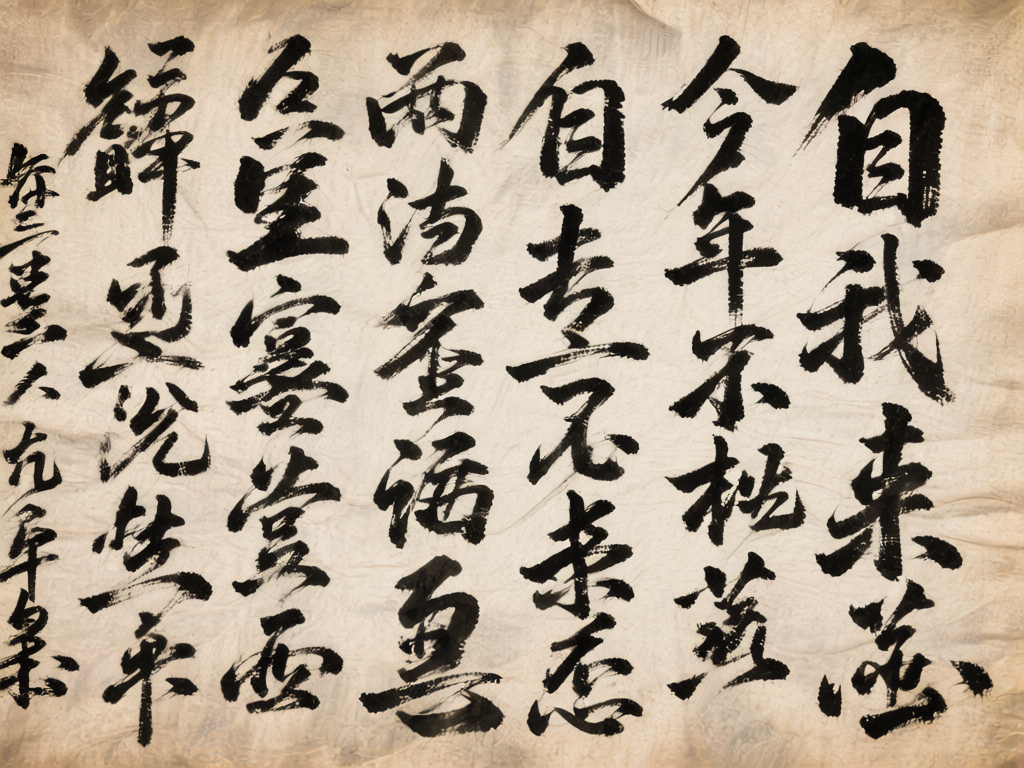 图中展示了一幅模仿中国传统书法作品的画面。背景是具有陈旧感的淡黄色宣纸，纸面带有明显的褶皱和不规则的纹理，营造出一种古朴的氛围。画面主体是六行竖排书写的黑色毛笔字，字体风格介于行书与草书之间，笔触浓淡不一，展现出水墨干湿浓淡的变化。然而，作为 AI 生成的图像，这幅作品存在明显的逻辑缺陷：画面中的文字并非真实的汉字，而是由类似汉字偏旁部首和随机线条拼凑而成的“伪汉字”，无法进行实际阅读。部分笔画在交接处显得生硬或过度扭曲，缺乏真实书法中气韵生动的连贯性。最左侧的一行文字较细小，模仿落款，但同样是由无意义的符号组成。整体构图虽然模仿了书法作品的章法，但本质上是一堆视觉符号的堆砌。