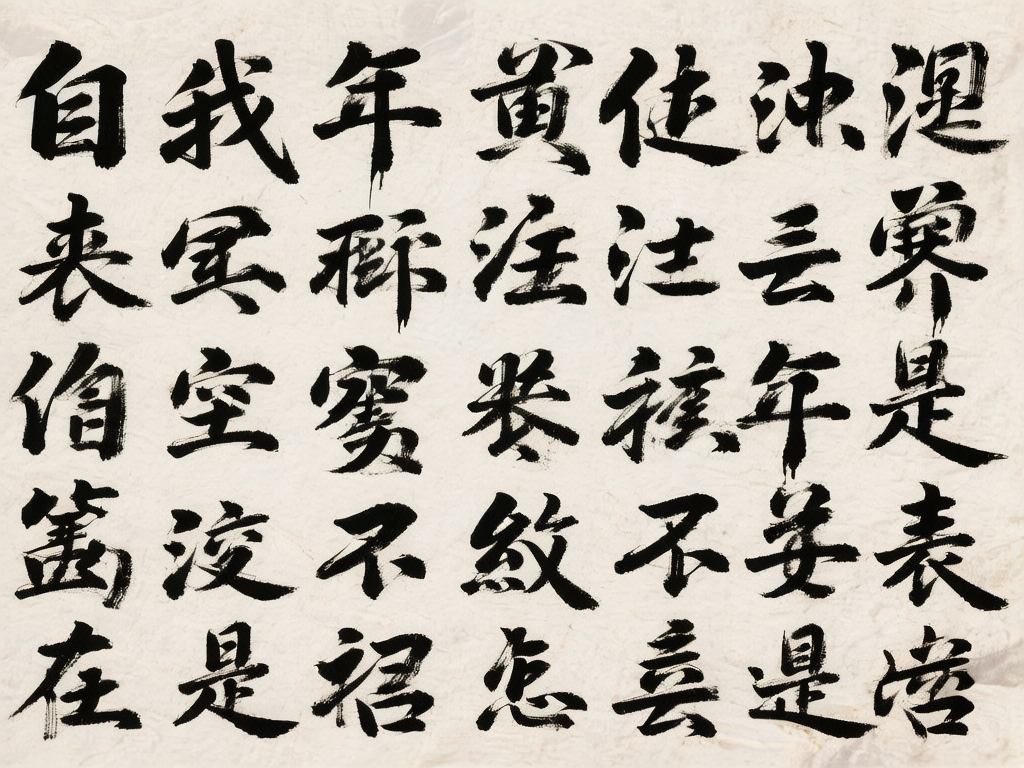 图中展示了一幅模仿中国传统书法风格的作品。画面背景是带有褶皱质感的米白色宣纸，上面整齐地排列着五行七列、共三十五个黑色的毛笔字。这些字迹呈现出浓淡相间的墨色，笔触粗犷且带有明显的飞白效果，试图营造出一种苍劲有力的行草书感。然而，作为 AI 生成的图像，画面存在显著的逻辑缺陷：虽然每个字看起来都具备汉字的间架结构和笔画特征，但绝大多数都是无法辨认的“伪汉字”，或是将不同汉字的偏旁部首错误地组合在一起。例如，有些字看起来像“自”、“我”、“年”、“是”，但仔细观察会发现其笔画连接极不自然，缺乏真实的章法与字义逻辑。整体布局虽然规整，但文字内容完全不通顺，属于典型的 AI 模拟书法形态而非真实文本。