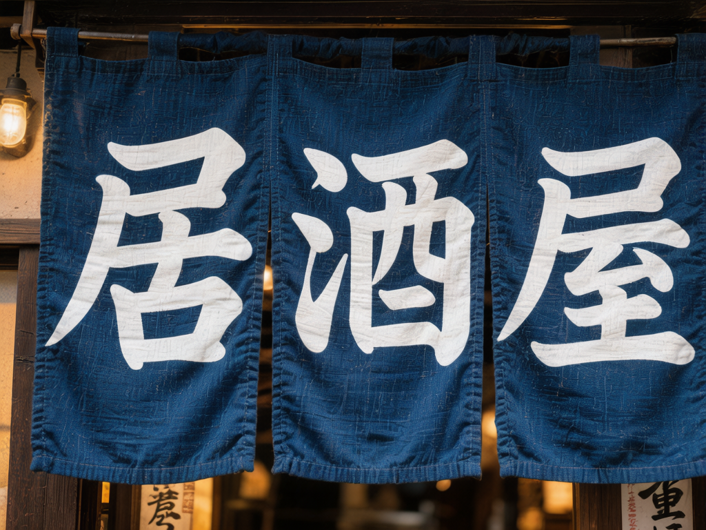 图中展示了一家日式居酒屋入口处的特写。画面主体是悬挂在木质横梁上的深蓝色布帘（暖帘），布帘由三块长方形的粗麻质感织物组成，上面印有白色的书法体汉字“居酒屋”。背景光线昏暗且柔和，左侧隐约可见一盏散发着暖黄色光芒的复古壁灯，帘子下方透出店内模糊的灯火，营造出一种温馨、静谧的深夜食堂氛围。

作为一张 AI 生成的图片，画面存在明显的文字逻辑缺陷：中间布帘上的“酒”字结构异常，左侧的“氵”旁与右侧部件挤压在一起，且右侧本应是“酉”的部分被简化成了类似“西”或不规则的框形，笔画连接生硬。此外，左侧布帘上的“居”字下半部分结构也略显模糊，与真实书法笔触相比显得不够自然。布帘顶部的挂环与横梁的穿插关系在细节处略显生硬，缺乏真实的物理垂坠感。
