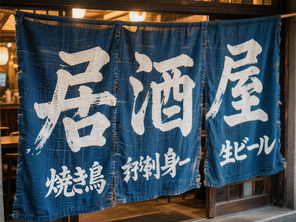 图中展示了一家日式居酒屋入口处的特写镜头。画面主体是一块悬挂着的深蓝色粗麻布帘（暖帘），布帘被分为三段，上面印有白色的毛笔书法字体。背景是模糊的室内景象，隐约可见温暖的黄色灯光、木质桌椅和推拉门，营造出一种深夜食堂般的温馨氛围。构图上，布帘占据了画面的绝大部分，视角略微仰视，强调了招牌的存在感。

画面中存在明显的 AI 生成缺陷，主要体现在文字逻辑和细节处理上。布帘中间大字“酒”的偏旁部首结构异常，笔画显得生硬且不连贯。下方的小字更是出现了严重的乱码现象：左侧的“焼き鳥”中“き”字变形，中间的文字则是完全无法辨认的臆造字符，混合了类似汉字和日文假名的破碎笔画，右侧的“生ビール”字形也略显歪斜。此外，布帘边缘的缝纫线痕迹在某些交接处显得不够自然，缺乏真实的物理垂坠感。