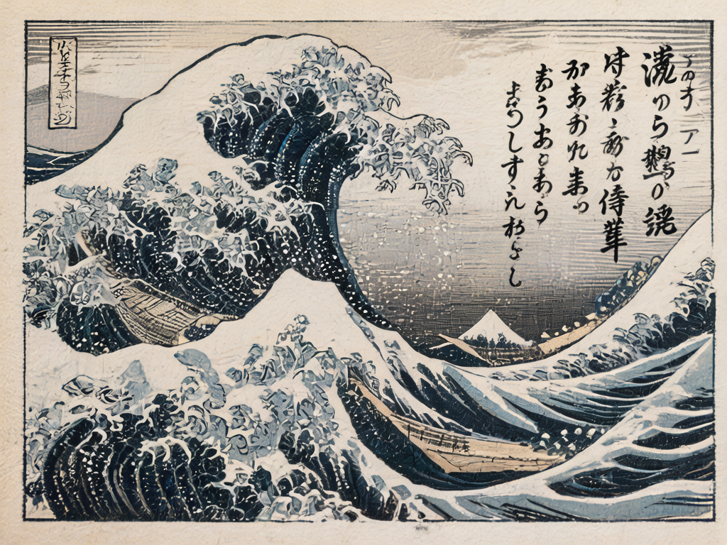 图中展示了一幅模仿日本著名浮世绘《神奈川冲浪里》风格的画作。画面主体是几股汹涌澎湃的深蓝色巨浪，浪尖带有如碎冰或利爪般的白色浪花。背景中心可见一座小巧的富士山，山顶覆盖着白雪。画面右侧和左上角分布着类似书法和印章的文字元素。整体色调以靛蓝、米白和淡灰色为主，呈现出复古的纸张质感。然而，作为 AI 生成的作品，画面存在明显的逻辑缺陷：原画中标志性的三条长船在图中变得支离破碎，船身线条与波浪诡异地融合在一起，甚至出现了断裂和扭曲，无法辨认出完整的船只结构。右侧的日文书法虽然笔触苍劲，但字形结构混乱，属于无法解读的伪文字。左上角的印章框内也仅是杂乱的线条，缺乏真实的艺术细节。