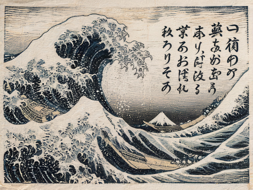 图中展示了一幅模仿日本著名浮世绘《神奈川冲浪里》风格的画作。画面左侧是一道巨大的、呈深蓝色的惊涛骇浪，浪尖带着白色的泡沫，宛如鹰爪般向中心卷曲。背景中心位置可以看到标志性的富士山，山顶覆盖着白雪。画面右侧排列着四行黑色的书法文字。整体色调以深蓝、米白和淡灰色为主，纸张质感呈现出陈旧的褶皱效果。然而，这幅 AI 生成的作品存在明显的逻辑缺陷：原画中奋力搏击海浪的三条长船在本作中变得支离破碎，船身线条与海浪纹理诡异地融合在一起，甚至出现了断裂和透视错误。右侧的书法文字并非真实的日语假名或汉字，而是由杂乱线条组成的伪文字，缺乏实际意义。此外，海浪的细节纹理在局部显得过于细碎且不自然，失去了传统木版画的流畅感。