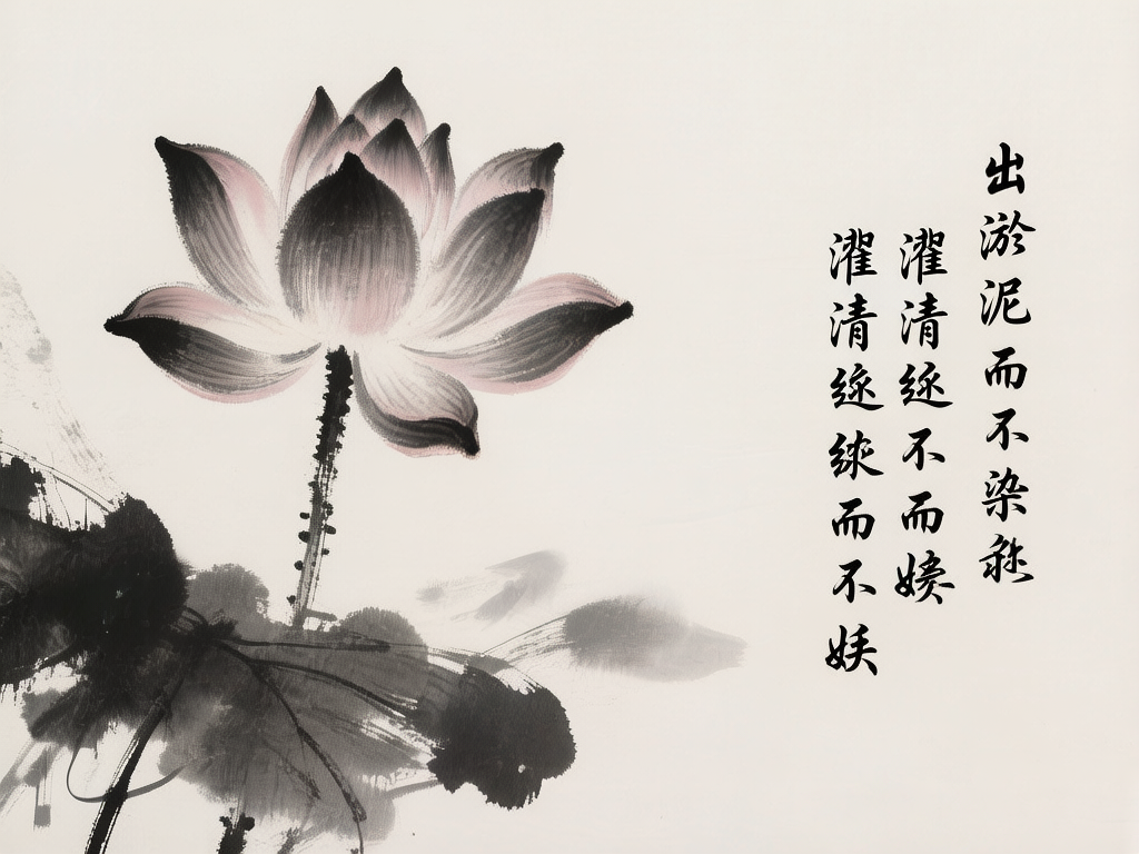 图中是一幅模仿中国传统水墨画风格的写意作品。画面左侧占据主体的是一朵盛开的荷花，花瓣边缘用浓墨勾勒，中心部分透出淡淡的粉红色，花梗带有墨点装饰。下方是几片用大写意手法挥洒的墨色荷叶，笔触粗犷，富有动感。画面右侧配有三行竖排的黑色书法文字，整体构图简洁，留白丰富，营造出一种清幽的意境。然而，作为 AI 生成的图像，画面存在明显的逻辑错误和缺陷：右侧的书法文字虽然字形酷似汉字，但多处笔画杂乱，出现了大量无法辨认的“伪汉字”，且内容重复混乱，未能组成通顺的诗句。此外，荷花的花瓣层叠逻辑略显生硬，花梗与花朵的连接处缺乏自然的结构过渡，部分墨迹边缘出现了不自然的数码锯齿感。