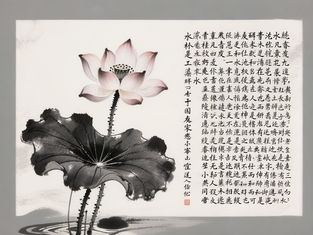 图中展示了一幅模仿中国传统水墨画风格的作品。画面左侧是一朵盛开的粉白色荷花，花瓣边缘带有淡淡的红晕，中心可见莲蓬，下方衬托着一片巨大的、墨色浓郁的荷叶，叶片脉络清晰，底部有几根带刺的荷梗立于泛起涟漪的水面上。画面右侧占据了约一半的空间，布满了密密麻麻的繁体中文书法，左下角还有一枚红色印章。构图上左画右字，呈现典型的文人画布局。然而，作为 AI 生成的图像，画面存在明显的逻辑缺陷：右侧的书法文字虽然看起来像汉字，但仔细观察会发现绝大多数是无法辨认的“伪汉字”，笔画杂乱且没有实际意义；左侧荷花的茎部与花头的连接处略显生硬，且水面的波纹处理较为机械，缺乏传统水墨画中自然晕染的灵动感。