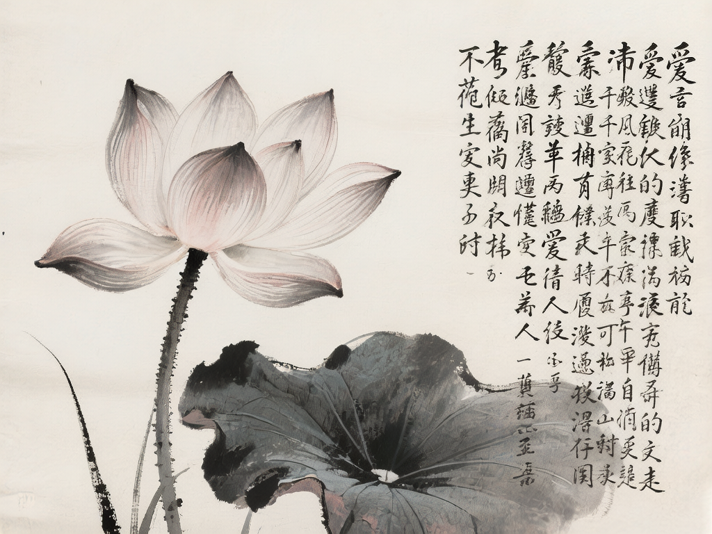 图中是一幅模仿中国传统水墨画风格的写意作品。画面左侧占据主体的是一朵盛开的白荷花，花瓣边缘带有淡淡的粉色晕染，花瓣线条清晰，尖端呈深灰色。荷花下方是一片巨大的墨色荷叶，运用了大面积的浓淡墨色渲染，展现出舒展的姿态。荷花的茎部布满了细小的刺状突起，显得苍劲有力。画面右侧配有大量的繁体中文书法，字迹工整，排列成行。

作为一张 AI 生成的图片，画面中存在明显的逻辑缺陷：右侧的书法文字虽然看起来像汉字，但仔细观察会发现大部分字形是随机拼凑的“伪汉字”，无法组成通顺的语义，部分笔画也显得杂乱无章。此外，荷花茎部与叶片的连接处透视关系略显生硬，缺乏自然生长的物理逻辑，左下角的几根草叶线条也显得有些突兀。整体构图虽然模仿了文人画的意境，但在细节的严谨性上仍有欠缺。