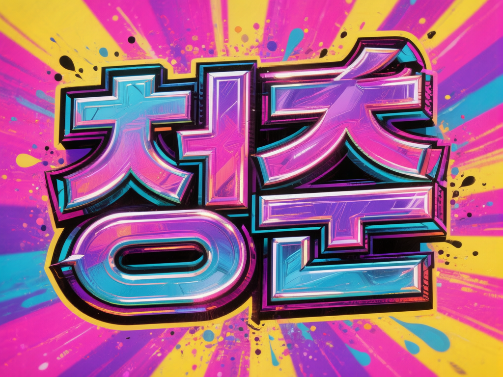 图中展示了一张色彩极其鲜艳、具有波普艺术风格的视觉设计。画面中心是四个巨大的 3D 立体艺术字体，排列成田字格形状。这些字体采用了粉紫色、天蓝色和深紫色的渐变效果，并带有强烈的金属质感和厚重的黑色阴影。背景由黄色、粉色和紫色交织的放射状线条组成，仿佛从中心向外迸发，其间点缀着许多不规则的彩色墨滴和飞溅的色块，营造出一种充满活力的动感氛围。

然而，这幅画作存在明显的 AI 生成缺陷。最主要的问题在于文字内容完全无法辨认，它们看起来像是汉字、韩文字母或某种符号的随机拼凑，笔画结构混乱，缺乏实际的语言含义。此外，字体的 3D 边缘和透视关系在细节处显得不够协调，部分笔画的交汇处出现了不自然的重叠和断裂。整体构图虽然色彩冲击力强，但文字元素的逻辑缺失使其仅具备纯粹的装饰性。