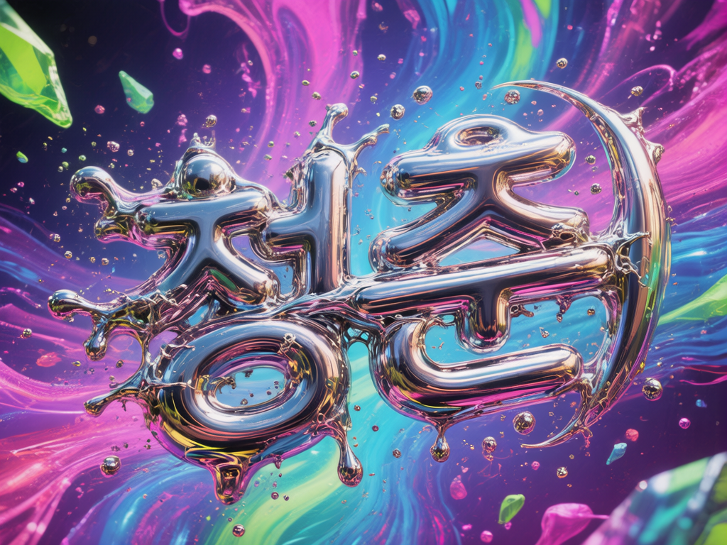 图中展示了一个极具动感和现代感的抽象视觉场景。画面中心是几个巨大的、具有液态金属质感的韩文字符，它们呈现出银色高光，表面像水银一样流动并向四周溅起细小的金属液滴。背景由绚丽的粉色、紫色、蓝色和翠绿色交织而成的流体烟雾组成，色彩饱和度极高，营造出一种迷幻的赛博空间氛围。画面四周还散落着一些半透明的绿色晶体碎片和细小的彩色颗粒，增加了视觉的层次感。在 AI 生成的细节方面，画面中部的韩文字符结构并不标准，笔画之间存在不自然的融合与断裂，部分金属液滴的阴影与光源方向不完全一致，且左上角的绿色晶体边缘显得过于锐利，与整体柔和的流体背景略显脱节。