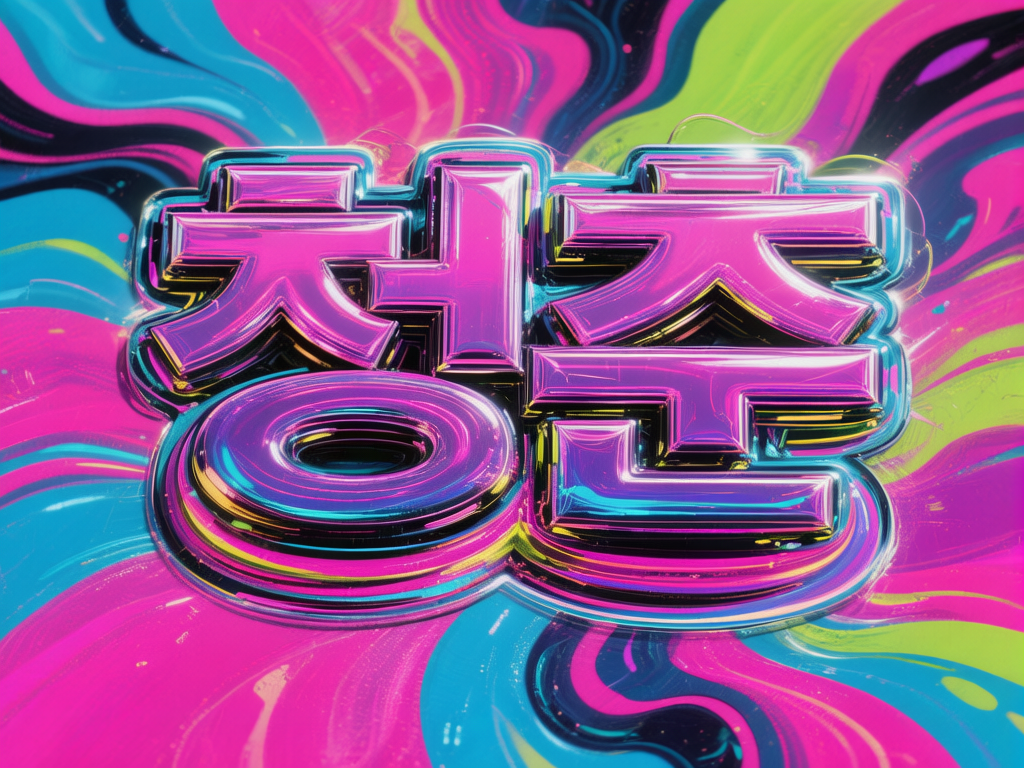 图中展示了一幅具有强烈视觉冲击力的波普艺术风格作品。画面中心是四个巨大的、具有 3D 立体质感的韩文字符“청춘”（意为“青春”），字体呈现出亮丽的粉紫色，并带有金属般的偏光光泽，边缘包裹着青蓝色和金黄色的勾边，仿佛霓虹灯管般闪耀。背景是由玫红、亮蓝、翠绿和深紫组成的放射状流体纹理，色彩如同搅拌中的颜料，向四周旋转扩散，营造出一种动感且迷幻的氛围。构图上，文字占据了画面的绝大部分，视觉重心集中。在 AI 生成的细节方面，可以观察到文字的笔画结构存在明显的逻辑错误：左侧字符的下半部分圆圈与上方笔画的连接处显得生硬且不符合常规书写逻辑，右侧字符的横竖笔画交界处出现了模糊的重叠和扭曲，金属质感的反光在某些转折处也显得不够自然，呈现出一种超现实但略显混乱的堆砌感。