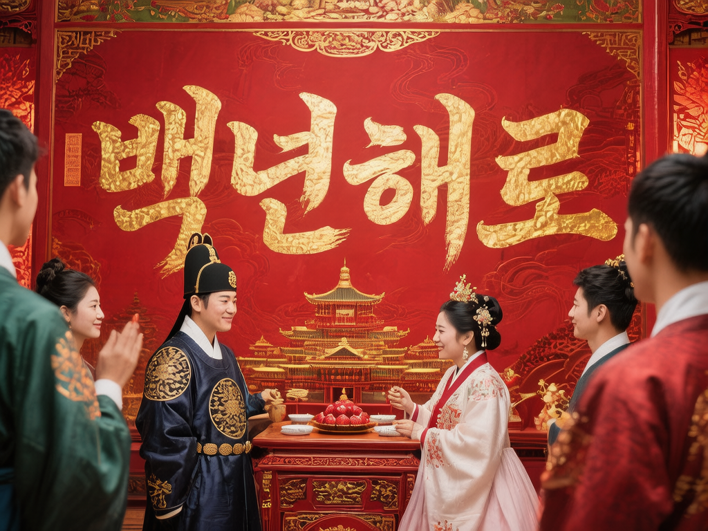 图中展现了一场充满喜庆氛围的韩式传统婚礼场景。画面中心是一对身着韩服的新人，新郎穿着深蓝色的官服，头戴黑色的纱帽；新娘则穿着淡粉色与白色相间的传统礼服，发髻上点缀着精美的金色发饰。他们正隔着一张摆放红色果实的木桌相对而笑，周围站着几位身着传统服饰的宾客。背景是一面巨大的红色屏风，上面绘有金色的古建筑图案和四个巨大的金色韩文书法字“백년해로”（意为百年好合）。整体色调以大红和金黄为主，构图对称，营造出庄重而热烈的庆典感。

在 AI 生成的细节方面，存在一些明显的逻辑缺陷：画面左侧前景中，绿衣男子的手部结构模糊，手指数量和形状异常；新娘右手持握物体的姿势显得僵硬且不自然；背景中的韩文书法笔画虽然有力，但在边缘处存在一些不符合书写逻辑的断裂与重叠；此外，桌上的餐具和果实排列过于规整，缺乏真实物体的质感和透视变化。