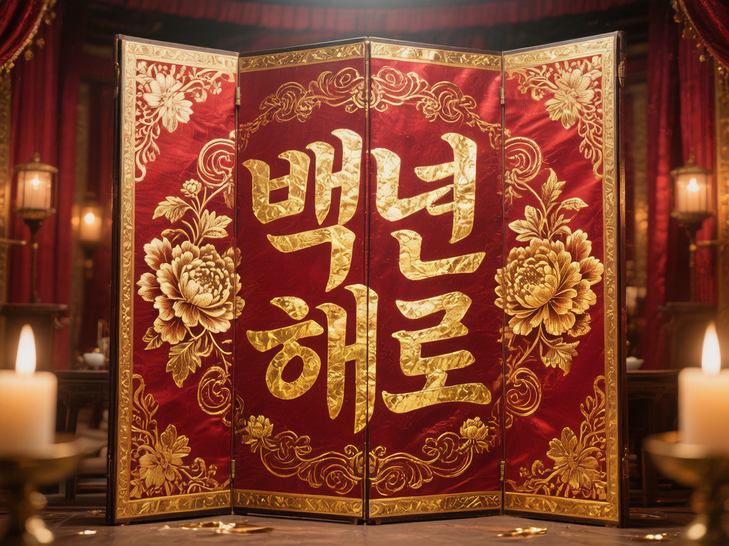 图中展示了一个充满古典气息的室内场景，视觉中心是一扇四扇式的红色绸面屏风。屏风色泽鲜红，边缘和表面装饰有精致的金色刺绣花卉，中心位置用醒目的金色韩文书写着“백년해로”（百年偕老），寓意夫妻和睦长寿。屏风两侧的前景中，各有一支点燃的白色蜡烛，火光柔和，营造出一种庄重且温馨的氛围。背景隐约可见红色的帷幕和古朴的灯盏，整体色调以红、金为主，极具东方传统韵味。在 AI 生成的细节方面，可以观察到屏风中间两扇的文字笔画衔接处略显生硬，文字的纹理在折痕处出现了不自然的扭曲。此外，屏风底部的支架结构模糊，与地面的接触点缺乏清晰的透视逻辑，左侧背景中的灯影也存在轻微的重影现象。