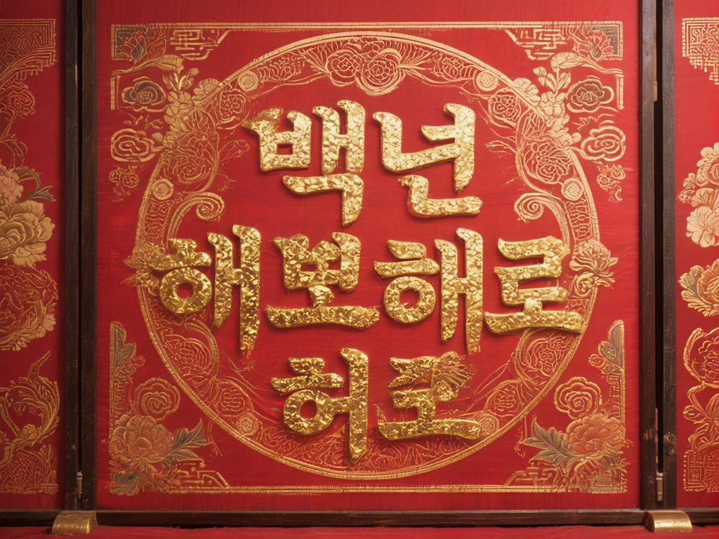 图中展示了一幅具有浓郁传统风格的红色刺绣屏风。画面中心是一个巨大的圆形金色边框，内部绣有三行凸起的金色韩文。这些文字呈现出厚重的立体质感，仿佛由金箔或粗糙的金属颗粒堆砌而成，在红色绸缎底色上显得格外醒目。圆框周围点缀着精美的金色花卉纹样，类似牡丹或玫瑰，线条细腻流畅。屏风整体色调以大红和亮金为主，左右两侧隐约可见深色的木质框架边缘。

然而，画面中存在明显的 AI 生成缺陷：首先，中间的韩文字符结构扭曲且不规范，部分笔画相互融合，无法组成具有实际意义的准确词汇。其次，圆框边缘的金色花纹在细节处显得杂乱无章，缺乏真实刺绣的规律性。此外，屏风底部的木质底座左右不对称，左侧的金属包边细节与右侧不一致，且背景边缘的透视关系略显生硬，整体呈现出一种华丽但逻辑不严谨的视觉效果。
