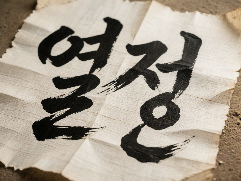 图中展示了一张带有折痕、边缘不规则的米白色旧纸张，平铺在粗糙的深色地面上。纸张中心有两个巨大的黑色毛笔书法字体，看起来像是韩文单词“열정”（热情）。字体笔触浓重，带有明显的枯笔飞白效果，展现出一种苍劲有力的艺术感。整张纸布满了横向和纵向的折痕，质地类似粗糙的宣纸或纤维纸。在 AI 生成的细节方面，存在明显的逻辑缺陷：左侧字体的笔画在经过纸张折痕时，墨迹的透视关系显得不自然，仿佛是直接贴在褶皱表面而非渗透其中；此外，纸张边缘的破碎效果过于规律且缺乏厚度感，右侧字体的部分结构与纸张纹理的结合也显得有些生硬，缺乏真实书法的自然晕染效果。