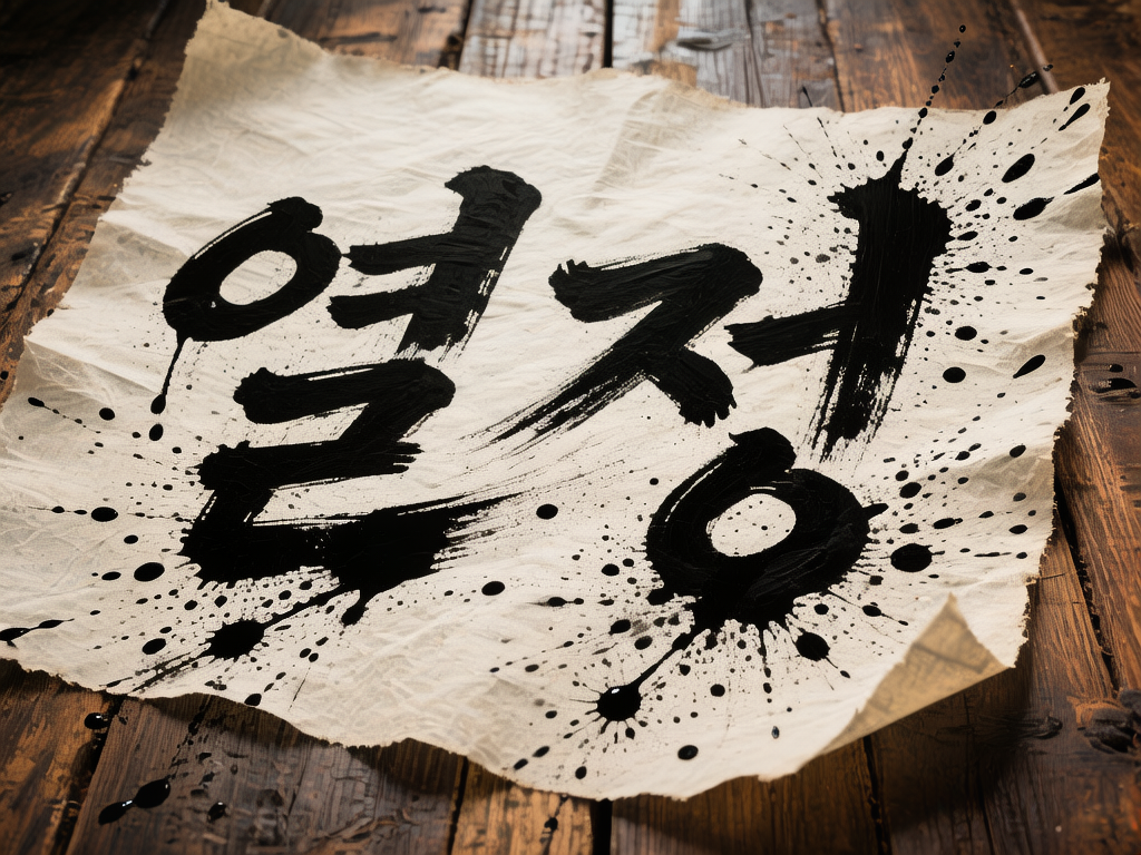 图中展示了一张铺在深色复古木纹桌面上的米白色旧纸张，纸上用浓重的黑色墨水书写着韩文词汇“열정”（意为“热情”）。书法的笔触粗犷有力，带有明显的飞白效果，四周伴随着大量喷溅状的墨滴，营造出一种充满张力和动感的艺术氛围。纸张边缘略显不规则且有褶皱，右下角微微卷起。在 AI 生成的细节方面，画面存在一些逻辑异常：首先是文字结构，虽然能辨认出是韩文，但笔画的衔接处显得有些生硬且不符合传统书法逻辑；其次，墨迹的喷溅分布过于均匀且细碎，部分墨点悬浮在纸张边缘与木桌的交界处，缺乏自然的渗透感；最后，背景木板的纹理在纸张下方显得有些模糊，透视关系略显平面化。