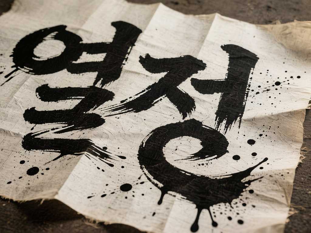 图中展示了一张带有折痕、边缘略显破损的米白色粗糙布料或厚纸，平铺在深色的地面上。画面中心是极具张力的黑色水墨书法，笔触粗犷且带有明显的飞白效果，周围散布着随机的墨滴溅痕。这些字符看起来像是韩文字母（谚文），风格豪放，充满了力量感。光线从侧上方照射，使纸张的褶皱产生了细腻的阴影，增强了材质的立体感。在 AI 生成的缺陷方面，画面中的文字并非真实的、具有语义的韩文，而是由类似韩文笔画构成的随机符号组合，缺乏实际含义。此外，部分墨迹的喷溅形状过于圆润且分布均匀，略显生硬，与自然书写时的随机性有所偏差，纸张边缘的纤维撕裂感在细节上也显得有些重复和不自然。