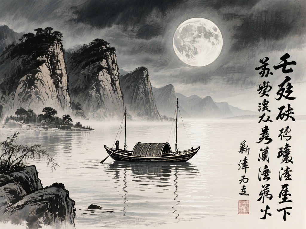 图中展现了一幅仿传统水墨画风格的月夜江景图。画面整体采用黑、白、灰的单色调，营造出宁静而深远的意境。左侧是陡峭的山峦，山顶点缀着浓墨绘就的苍松，山脚下云雾缭绕。画面中央，一叶带篷的小舟静静漂浮在平缓的水面上，倒影清晰可见。天空中悬挂着一轮巨大的圆月，月面纹理细腻，散发出柔和的光芒，照亮了云层和水面。画面右侧配有竖排的草书书法和一枚红色印章。作为 AI 生成的图像，画面存在明显的逻辑缺陷：右侧的书法文字虽有笔画形态，但均为无法辨认的“伪汉字”，字形结构混乱且无实际意义；此外，月亮的写实风格与背景的水墨写意风格在视觉上略显脱节，小船上的桅杆与绳索连接方式也显得不够自然，缺乏真实的物理逻辑。