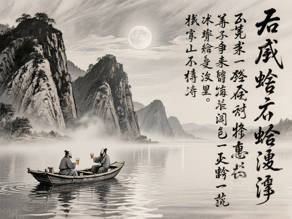 图中展现了一幅仿古风格的水墨山水画。画面左侧是陡峭的奇峰怪石，山间云雾缭绕，山顶点缀着稀疏的松树；一轮圆月悬挂在淡灰色的天空中，月影倒映在平静的湖面上。画面中心偏左处，两位古装打扮的男子正对坐在一条小木船上举杯对饮。整幅画以黑、白、灰为主色调，唯独两人手中的酒杯呈现出鲜艳的橙黄色，形成视觉焦点。右侧配有大篇幅的繁体书法文字，笔触苍劲。在 AI 生成的细节方面，存在明显的逻辑缺陷：两位古人手中拿的并非传统的酒盏或瓷杯，而是现代风格的玻璃啤酒杯，且杯中装有带泡沫的黄色液体，与整体古风意境严重违和；此外，右侧的书法文字虽然形似汉字，但仔细观察会发现大多是无法辨认的臆造字符，缺乏实际含义。