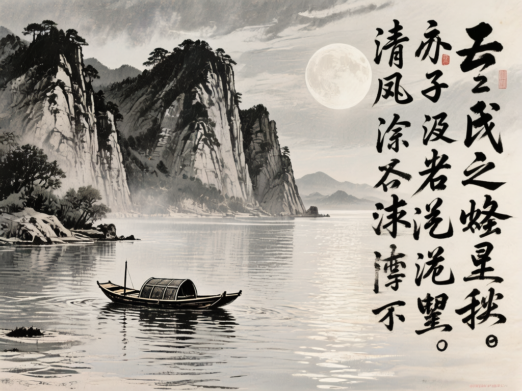 图中展现了一幅仿中国传统水墨画风格的山水图景。画面左侧是陡峭的石山，山顶点缀着几棵松树，山脚下有一片平静的湖水，一只带顶棚的小木船静静停泊在水面上，泛起微弱的波纹。天空中悬挂着一轮巨大的圆月，月光洒在水面上形成粼粼波光。画面右侧占据了约三分之一的面积，书写着三列黑色的行草书法。整幅画作以黑、白、灰为主色调，意境悠远。然而，作为 AI 生成的图像，画面存在明显的逻辑缺陷：右侧的书法文字虽然笔触模仿得十分逼真，但实际上大多是无法辨认的“伪汉字”，结构混乱且没有实际含义；此外，月亮的大小与透视比例略显夸张，与远山的阴影关系不够自然，左侧山体上的植被分布也略显机械重复。