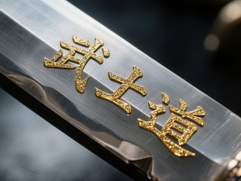 图中展示了一把武士刀刀身的特写镜头。画面采用斜向构图，银亮且带有拉丝质感的金属刀面占据了主体，刀刃边缘呈现出波浪状的研磨纹理（刃文）。刀身上镶嵌有三个金色的繁体汉字“武士道”，字体呈现出凹凸不平的颗粒质感，闪烁着细碎的金光，与冷色调的钢材形成鲜明对比。背景深暗且模糊，进一步突出了刀身的金属光泽。在 AI 生成的细节方面，存在明显的文字结构错误：第一个“武”字多出了不必要的笔画，结构显得杂乱；第三个“道”字的偏旁和内部结构发生了扭曲变形，不符合真实的汉字书写规范。此外，刀面上的拉丝纹理在文字边缘处显得有些生硬，缺乏自然的物理衔接感。