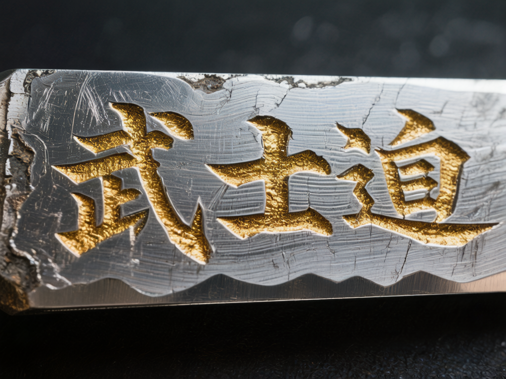 图中展示了一块具有粗犷金属质感的长方形物体局部，疑似为刀剑的茎部或金属条。画面以极近的特写镜头呈现，背景为模糊的深黑色。金属表面呈现出银灰色的拉丝与锻造纹理，边缘带有不规则的磕碰痕迹和铁锈感。在金属中心，深深刻有“武士道”三个汉字，字迹内部填充了明亮的金箔或金色涂层，与冷色调的底材形成鲜明对比。文字的雕刻深度清晰可见，呈现出一种古朴而刚硬的工艺美感。

然而，画面中存在明显的 AI 生成缺陷：最右侧的“道”字结构出现了严重的逻辑错误，其偏旁“辶”与右侧的“首”部杂乱地揉捏在一起，导致笔画断裂且不符合汉字书写规范；中间的“士”字下横线过长，比例失调；此外，金属表面的纹理在文字边缘处显得有些扭曲，缺乏真实物理雕刻应有的自然过渡。