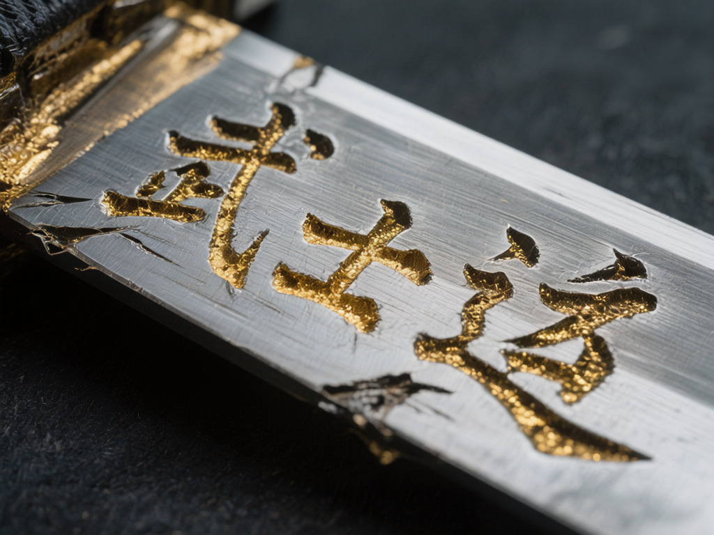 图中展示了一把金属刀剑刃部的特写镜头。刀身呈现出带有细微拉丝质感的银灰色金属光泽，背景则是深灰色的磨砂质感平面。画面焦点集中在刀刃上镌刻的三个金色汉字上，这些字迹凹陷于金属表面，内部填充了粗糙且闪烁的金属质感金箔，呈现出一种古朴而华丽的视觉效果。构图采用斜向对角线分布，从左上角延伸至右下角，景深极浅，使得刀刃的前端和后端都处于虚化状态。在 AI 生成的细节方面，画面存在明显的缺陷：刀身刻有的汉字并非标准的现实文字，虽然形似“武士道”，但笔画结构扭曲且不完整，属于典型的 AI 伪造文字；此外，刀刃边缘的金属纹理显得杂乱且不符合物理逻辑，部分金箔填充溢出了刻痕边界，显得不够自然。