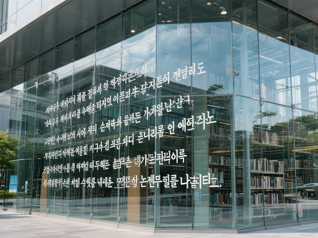 图中展示了一座现代风格的全玻璃幕墙建筑，看起来像是一家书店或图书馆。画面构图以建筑的转角处为中心，透明的玻璃映射出户外的蓝天白云和对面的建筑。透过玻璃可以看到室内整齐排列的书架和书籍，色调以清冷的灰蓝色和木质色为主。最引人注目的是玻璃外墙上印有大量白色的韩文字体，这些文字呈多行排列，横跨了多个玻璃面板。

然而，画面中存在明显的 AI 生成缺陷：玻璃上的韩文字符结构混乱，许多笔画相互重叠或断开，并非真实的、可阅读的韩文，而是模拟文字形状的乱码。此外，文字的透视关系与玻璃平面的倾斜角度不完全匹配，部分文字像是悬浮在表面而非贴合。建筑内部的书架线条在穿过玻璃框架时出现了轻微的错位，右侧背景中隐约出现的车辆轮廓也显得模糊且结构不完整。