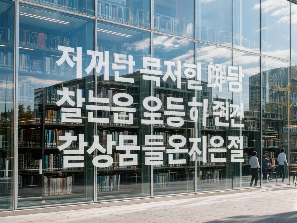 图中展示了一座现代图书馆的玻璃幕墙外景。画面主体是巨大的透明玻璃窗，玻璃上贴有三行醒目的白色韩文字符。透过玻璃可以看到室内整齐排列的高大书架，上面摆满了密密麻麻的书籍。阳光明媚，玻璃表面反射出湛蓝的天空和洁白的云朵，给人一种明亮、宁静的学术氛围。画面右下角有几名行人正走过建筑前的浅色石材地面，构图简洁且具有现代感。

在 AI 生成的细节方面，存在明显的逻辑错误：玻璃上的韩文字符虽然看起来工整，但大多是无意义的拼凑或笔画错误的伪字符，无法组成实际的词句。此外，右侧行人的身体比例略显僵硬，背景中书架的透视关系在玻璃交界处显得不够连贯，部分反射的云朵形状也略显破碎，这些都是 AI 在处理复杂文字与反射效果时的典型痕迹。