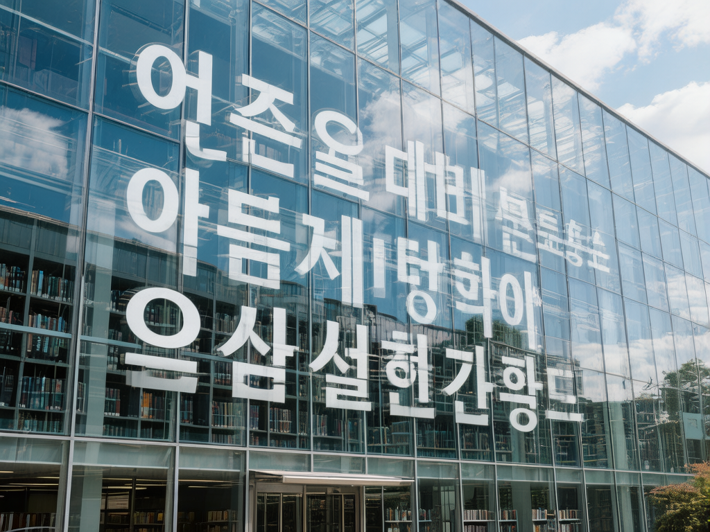图中展示了一座现代化的玻璃幕墙建筑，从视角来看，这似乎是一座图书馆。整面巨大的玻璃墙上印有醒目的白色韩文字体，文字分为三行排列，占据了画面的中心位置。透过透明的玻璃，可以清晰地看到室内整齐排列的书架和密密麻麻的书籍，玻璃表面还反射着蓝天白云的倒影，营造出一种明亮且具有文化气息的氛围。画面构图采用斜向透视，展现了建筑的宏伟感。然而，作为一张 AI 生成的图片，画面中存在明显的逻辑缺陷：玻璃上的韩文字符虽然看起来工整，但实际上是无意义的乱码组合，部分笔画重叠或断裂；此外，玻璃内部的书架结构在透视上显得有些混乱，部分书架的线条与玻璃幕墙的框架未能完美衔接，呈现出一种超现实的虚假感。