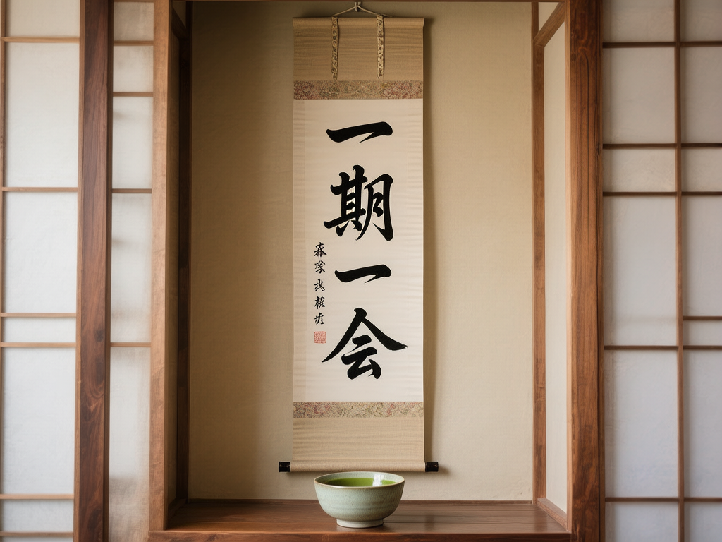 图中展示了一个充满禅意的日式室内场景。画面中心是一个木质壁龛，米白色的墙面上悬挂着一幅竖式书法挂轴，上面用黑色毛笔书写着“一期一会”四个大字。挂轴下方摆放着一个浅绿色的陶瓷茶碗，碗内盛有翠绿色的抹茶。壁龛两侧是木框纸糊的障子门，光线柔和地从侧面透入，整体色调以原木色、米色和淡绿色为主，给人一种宁静、素雅的感觉。在 AI 生成的细节方面，存在一些明显的逻辑缺陷：挂轴左侧的小字落款虽然形似汉字，但实际上是无法辨认的乱码字符，且红色的印章图案模糊不清；此外，挂轴顶部的挂绳结构显得有些生硬，与墙面的衔接处缺乏自然的重力垂感，茶碗的边缘轮廓在光影处理上也略显生涩。