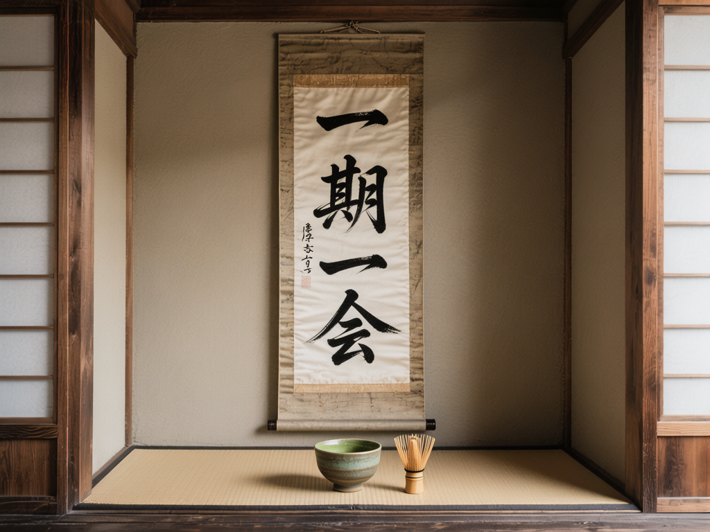 图中展示了一个充满禅意的日式茶室空间。画面中心是一幅竖向悬挂的卷轴书法，上面用黑色毛笔书写着“一期一会”四个汉字，笔触苍劲有力。卷轴下方是一个铺着浅黄色榻榻米的壁龛，其上放置着一个青绿色的陶瓷茶碗和一个竹制的茶筅。房间两侧是木质框架的障子门，光线柔和地从侧面洒入。整体色调以米色、木原色和淡灰色为主，营造出宁静肃穆的氛围。在 AI 生成的细节方面，卷轴左侧的小字落款显得模糊且字迹扭曲，无法辨认具体含义；茶筅的竹枝纹理在顶部略显杂乱，缺乏真实的精密结构感；此外，榻榻米边缘与墙面的接缝处透视略显生硬，缺乏自然的阴影过渡。