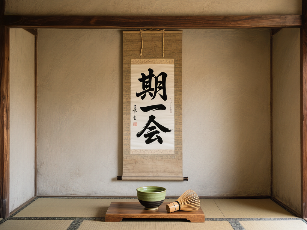 图中展示了一个充满禅意的日式茶室空间。画面中心是一个挂在浅米色粗糙质感墙面上的卷轴，卷轴上用黑色书法写着“一期一会”四个大字，笔触苍劲有力。卷轴下方是一个低矮的木质茶几，平铺在传统的榻榻米草席上。茶几上放置着一个青绿色的陶瓷茶碗和一个竹制的茶筅。整个场景色调以米色、木色和淡绿色为主，光线柔和，营造出宁静肃穆的氛围。在 AI 生成的细节方面，存在明显的文字错误：卷轴上的书法本应为“一期一会”，但图中顶部的文字被错误地合并或变形，导致第一个字看起来像“期”字与某种笔画的结合，失去了正确的汉字结构；此外，茶几下方的榻榻米接缝处透视略显生硬，卷轴顶部的挂绳左右粗细不一，呈现出不自然的扭曲感。