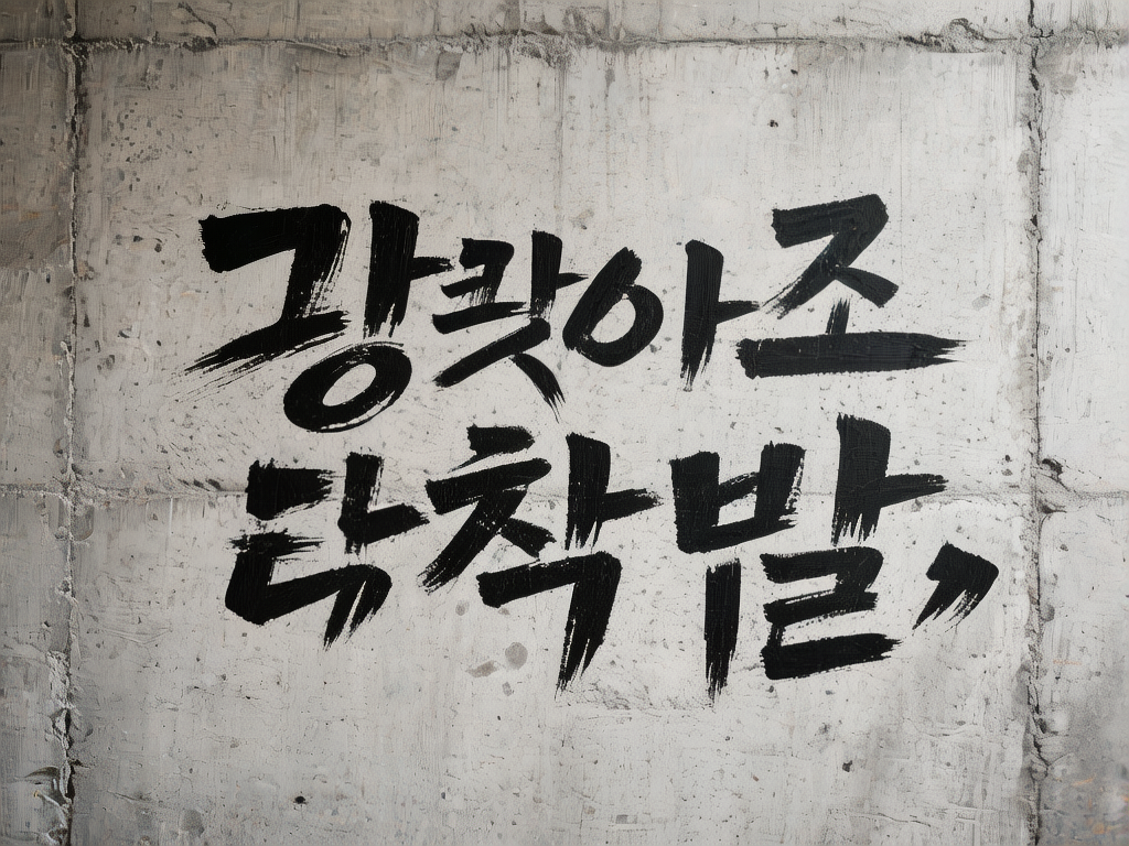 图中展示了一面粗糙的浅灰色水泥墙，墙面上用黑色油漆书写着两行巨大的、带有书法笔触的文字。背景的墙体呈现出工业风的质感，布满了细微的裂纹、斑点和不规则的接缝，色调冷峻。文字部分采用了类似毛笔书写的风格，笔画粗犷且带有明显的飞白效果，看起来像是街头涂鸦或现代书法。

然而，画面中存在明显的 AI 生成缺陷：这些文字虽然看起来非常像韩文字母（谚文），但实际上是随机组合的虚假字符，并不具备真实的语义，笔画结构在细节处显得混乱且不合逻辑。此外，墙面左右两侧的垂直缝隙处理得过于生硬，缺乏自然的透视深度。整体构图居中，黑色的字体与灰色的背景形成了强烈的视觉对比，给人一种沉重而压抑的艺术氛围，但文字内容的缺失使其仅具备装饰性。