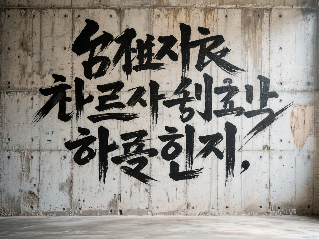 图中展示了一面粗犷的工业风清水混凝土墙壁，墙上布满了大面积的黑色毛笔书法。画面构图简洁，视角平视，光线从右上方柔和地洒下，照亮了墙面和下方的水泥地面。墙体呈现出冷灰色调，带有明显的施工孔洞、水渍痕迹和斑驳的质感。墙上的书法笔触极其雄健有力，带有浓重的飞白效果，展现出一种狂放不羁的艺术风格。

然而，作为一张 AI 生成的图片，画面存在明显的逻辑缺陷：墙上的文字并非任何真实的语言，虽然其结构看起来介于汉字草书与韩文字母之间，但仔细观察会发现它们是由杂乱的笔画堆砌而成的“伪文字”，完全无法解读。此外，部分笔触的透视关系略显生硬，右侧墙面边缘的纹理衔接也显得不够自然，这些都是 AI 在模拟复杂笔墨与真实材质结合时常见的处理痕迹。