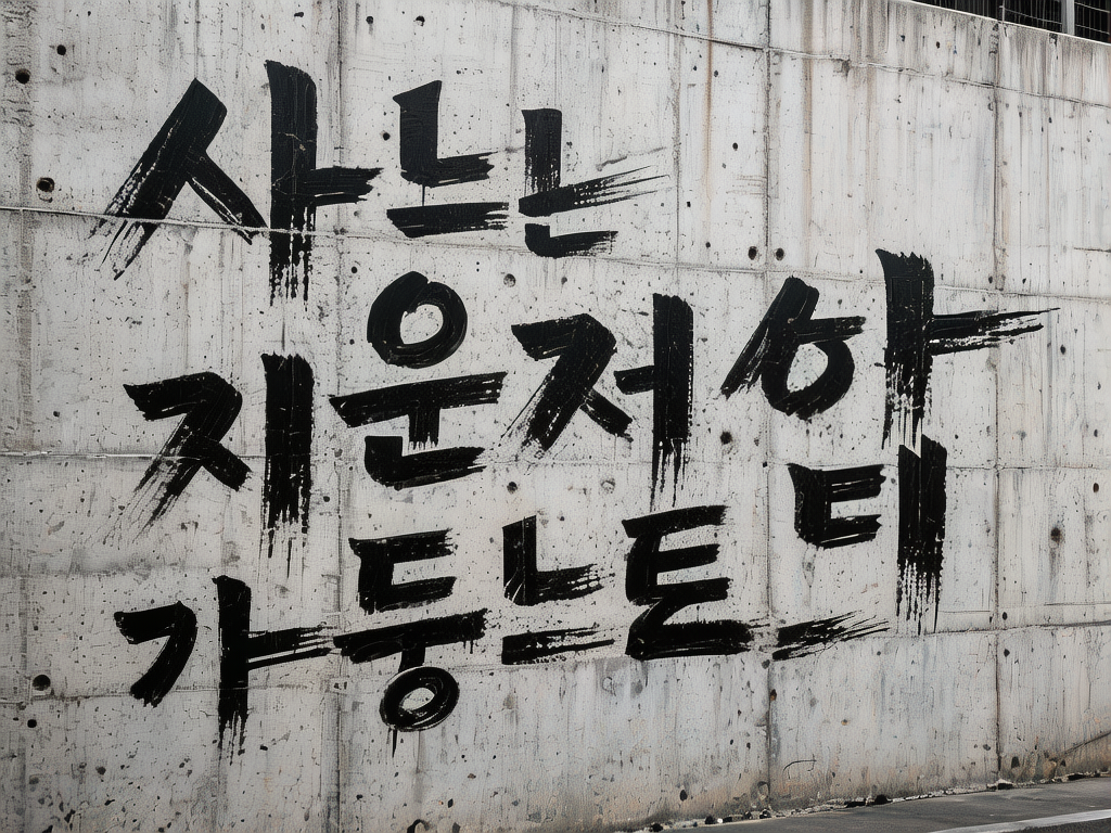 图中展示了一面巨大的浅灰色清水混凝土墙壁，墙面上用粗犷的黑色笔触书写着三行类似韩文的艺术字体。这些文字呈现出毛笔书法般的质感，带有明显的飞白效果和墨迹滴落的痕迹，显得有力且具有现代街头感。构图上，墙面占据了画面的绝大部分，底部露出了一小段平整的沥青路面，整体色调偏冷且极简。然而，作为一张 AI 生成的图片，画面存在明显的逻辑缺陷：墙上的文字虽然看起来像韩文，但实际上是由扭曲、无意义的笔画组合而成的“伪文字”，无法进行实际阅读。此外，混凝土墙面上的圆形孔洞分布过于随机，且墙体接缝处的线条在文字覆盖的地方出现了不自然的断裂和透视偏差，显示出 AI 在处理复杂纹理与覆盖物关系时的局限。