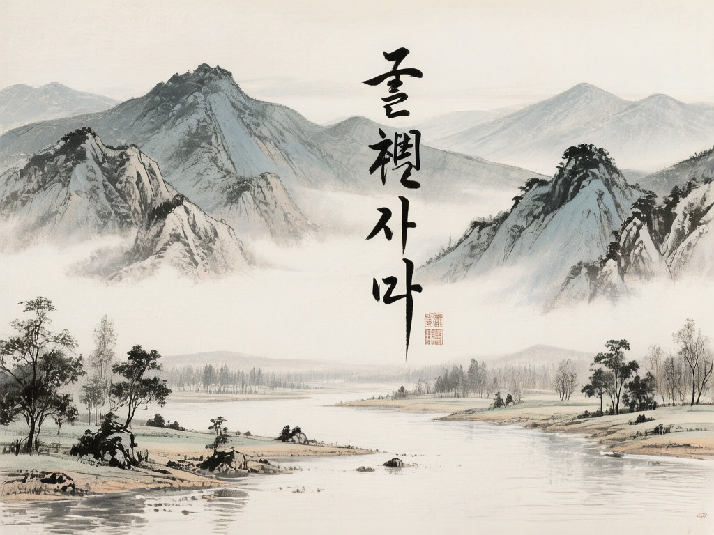 图中展现了一幅仿传统水墨画风格的山水景观。画面构图分为远、中、近三层：远景是连绵起伏的青灰色群山，山峰间萦绕着淡雅的白雾；中景是一片开阔的平原，一条蜿蜒的河流从画面右下方流向远方，河岸边散落着稀疏的树木；近景则是几棵姿态各异的墨色古松。整幅画作色调素雅，以黑、白、灰为主，辅以极淡的青绿。画面中央纵向排列着四个黑色的书法大字，下方盖有一枚红色的方形印章。

在 AI 生成的细节方面，存在明显的逻辑缺陷：首先，画面中央的书法字体并非真实的汉字或已知的文字系统，而是由杂乱线条组成的伪文字；下方的红色印章纹路模糊，无法辨认具体字迹。其次，远处的山脉与云雾结合处显得有些生硬，部分树木的枝干结构在放大观察时呈现出不自然的断裂或扭曲。此外，河流的水面波纹分布过于均匀，缺乏真实的流体力学美感。