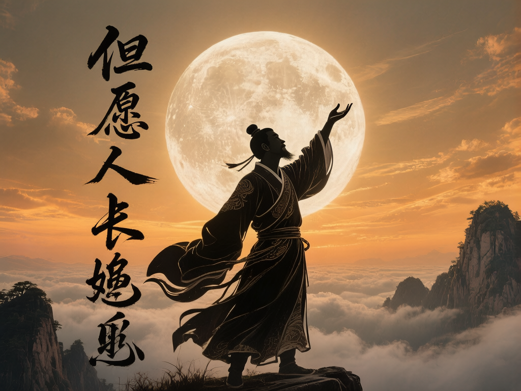 图中展现了一幅极具中国古风意境的画面。在金橙色的夕阳余晖与云海之上，一位身着宽大古装长袍、头戴发髻的男子正伫立在山巅。他背对着巨大的满月，侧身向上举起一只手，仿佛在对月抒怀。背景是层峦叠嶂的山峰和翻滚的白色云海，整体色调以暖橙、金黄和深褐色的剪影为主，构图宏大且富有诗意。画面左侧配有黑色毛笔书法字体。在 AI 生成的细节方面，存在明显的文字错误，左侧书法本应为“但愿人长久”，却被错误地生成为“但愿人长媳恶”，字形扭曲且语义不通；此外，男子的右手手指线条模糊且比例略显僵硬，衣服的纹理在边缘处与背景云雾的融合也显得不够自然。