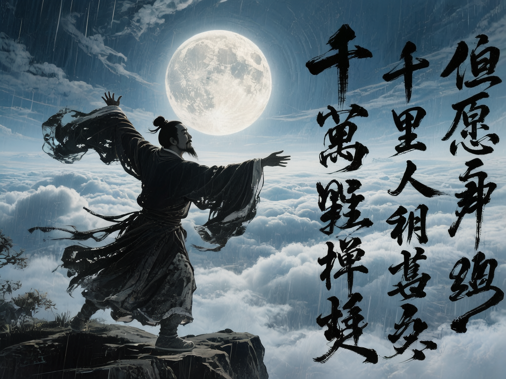 图中展现了一幅充满古风意境的画面。一名身着深色宽大古装、蓄着胡须的男子正站在陡峭的山崖边缘，他张开双臂仰望天空，仿佛在对月抒怀。背景是波涛汹涌的云海和一轮巨大的、纹理清晰的圆月，整体色调以冷峻的蓝灰色为主。画面右侧配有三行黑色的草书书法，营造出诗情画意的氛围。然而，图片存在明显的 AI 生成缺陷：首先是文字内容，虽然笔触像书法，但字形扭曲且包含大量无法辨认的错字，并非标准的诗句；其次是人物的肢体细节，男子的右手手指数量异常且扭曲，左手掌心向上但手指结构模糊；此外，人物的衣袖边缘呈现出不自然的破碎感，与环境的融合略显生硬。尽管构图宏大，但这些细节处的逻辑错误揭示了其 AI 生成的本质。