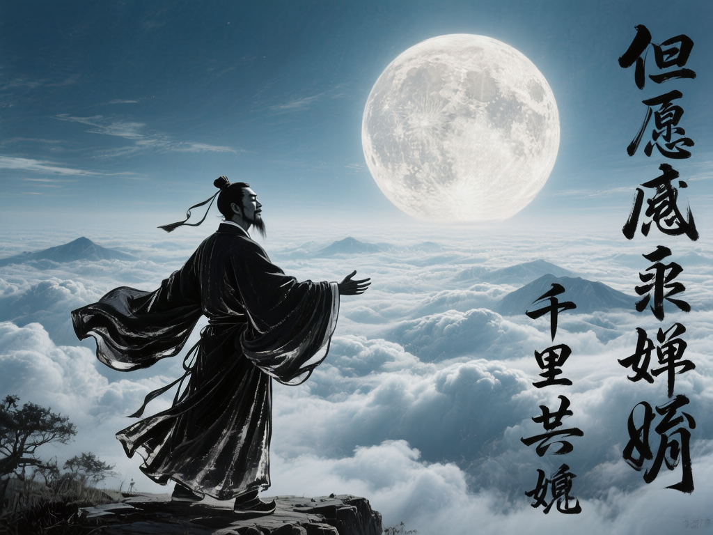 图中展现了一幅极具中国古典意境的画面。一位身着黑色宽大古装长袍、头戴发髻的男子，正伫立在陡峭的山巅之上，他背对着观众，张开双臂迎向前方。他的脚下是翻腾如海的洁白云雾，远处山峦在云海中若隐若现。画面上方悬挂着一轮巨大的、纹理清晰的圆月，散发出柔和的白光，将整个夜空映衬成深蓝色。画面右侧配有黑色的书法字体，写着“但愿人长久，千里共婵娟”的变体字样。在 AI 生成的细节方面，存在明显的逻辑错误：右侧的书法文字出现了严重的错乱，部分汉字结构崩坏，无法准确辨认；男子的右手手指线条模糊且数量异常，与身体的比例略显失调；此外，云海与山脉的交界处透视略显生硬，缺乏自然的层次过渡。