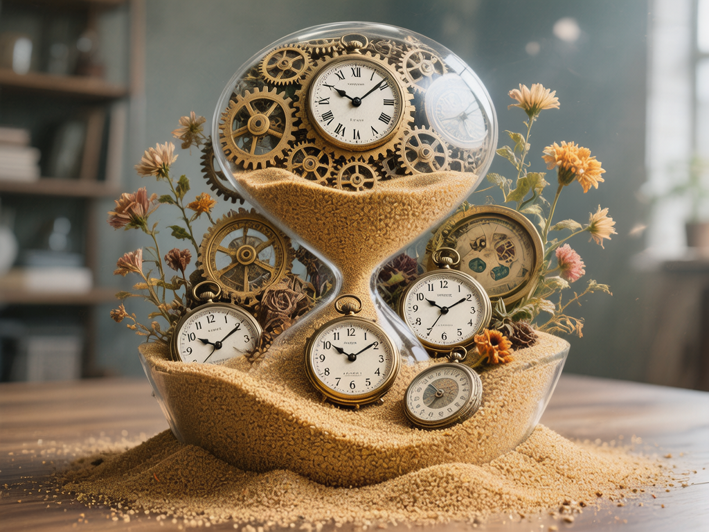 图中展示了一个充满奇幻色彩的沙漏艺术装置，放置在模糊的室内木桌背景上。沙漏由透明玻璃制成，上半部装满了密集的金色金属齿轮，中心嵌有一个白色的罗马数字时钟；下半部则堆积着细密的金沙，几只复古的黄铜怀表半掩埋在沙子中。沙漏周围点缀着干枯的橙粉色小花，营造出一种时间流逝与怀旧的氛围。整体色调以温暖的金色、棕色和米色为主，光影柔和。在 AI 生成的细节方面，存在明显的逻辑缺陷：沙漏中间的颈部非常细，但上方巨大的齿轮和时钟在物理上无法通过该孔径落下，且部分齿轮与玻璃边缘的衔接显得生硬。此外，怀表盘面上的数字排列不整齐，部分刻度模糊或重叠，最右侧的一个表盘内部呈现出混乱的几何色块，而非正常的指针结构，体现了典型的 AI 构图异常。