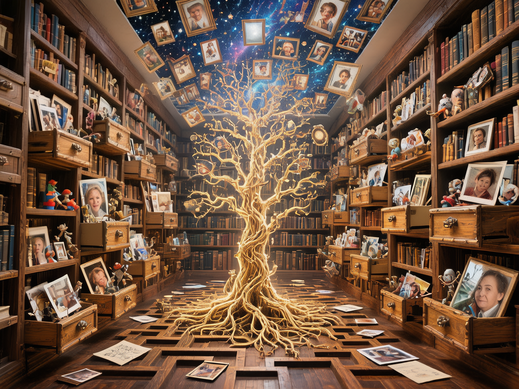 图中展现了一个充满奇幻色彩的超现实图书馆。画面中心是一棵由发光的金色纤维或树根缠绕而成的“记忆之树”，它的根系深深扎入木质地板的几何缝隙中，枝干向上延伸，仿佛在支撑着星空般的屋顶。两侧是高耸入云的深色木质书架，抽屉纷纷拉开，里面装满了各式各样的相框和照片。天空中漂浮着大量带框的人物肖像，背景是深蓝色的璀璨星云。整体色调以温暖的木质棕、明亮的金黄与深邃的星空蓝为主，构图呈现强烈的透视纵深感。

在 AI 生成的细节方面，存在明显的逻辑缺陷：书架上的照片人物面部扭曲变形，五官模糊且不合常理；部分相框与抽屉的连接处透视异常，呈现出物理上不可能的悬浮状态；地板上的几何网格与树根的融合显得生硬且缺乏合理的阴影过渡；天空中漂浮的相框排列杂乱，部分边缘模糊，显示出明显的算法合成痕迹。
