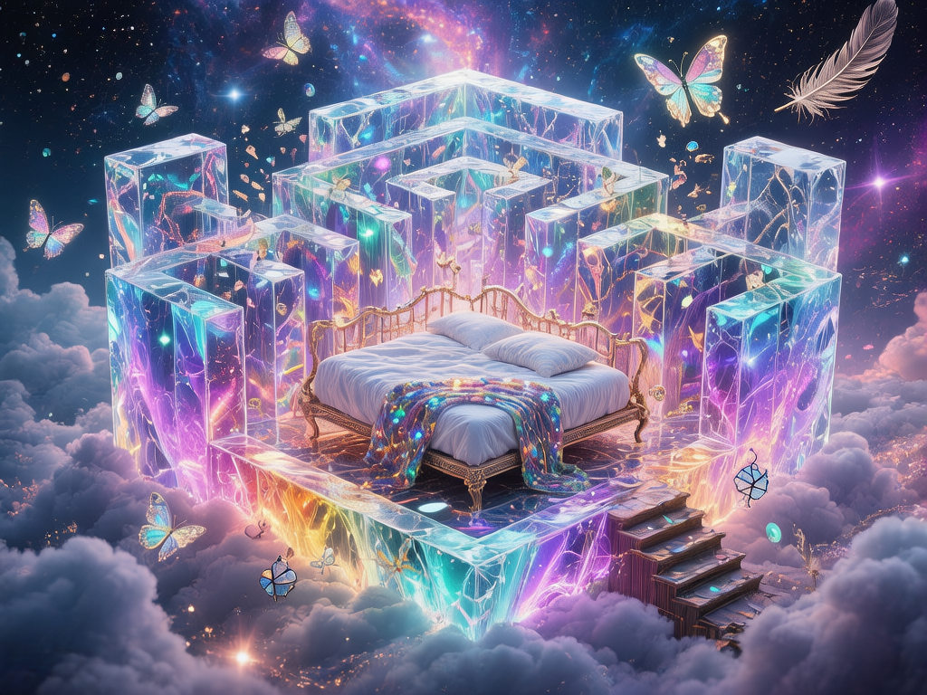 图中展现了一个充满奇幻色彩的超现实梦境场景。画面中央是一张带有金色雕花床架的双人床，上面铺着洁白的床单，床尾搭着一条闪烁着彩色光点的毯子。这张床被安置在一个由透明晶体构成的迷宫中心，迷宫悬浮在厚厚的紫色和蓝色云层之上。整个背景是深邃的星空，点缀着无数繁星和绚丽的星云。四周环绕着多只发光的半透明蝴蝶和一根漂浮的羽毛，营造出一种轻盈、空灵的氛围。色调以梦幻的紫色、蓝色和金黄色为主，光影交织，极具视觉冲击力。

在 AI 生成的细节方面，存在一些明显的逻辑缺陷：首先，迷宫的晶体墙壁透视关系较为混乱，部分墙体在转角处衔接不自然，显得结构模糊；其次，右下角的木质阶梯直接通向晶体平台边缘，但阶梯的透视角度与整体平台并不匹配，看起来像是强行粘贴上去的；此外，部分蝴蝶的翅膀结构过于简化，缺乏真实的生物对称性，且背景中的星光分布过于均匀，略显人工痕迹。