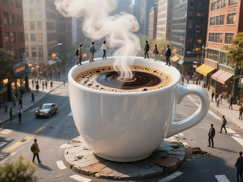 画面中呈现了一个超现实主义的创意场景：一只巨大的白色陶瓷咖啡杯矗立在繁忙的城市街道中心。杯中盛满了深褐色的咖啡，表面浮着细腻的泡沫，一股浓郁的白色蒸汽正从杯中心袅袅升起，形成梦幻的烟雾效果。几名微缩比例的小人正站在巨大的杯缘上行走或站立，仿佛在进行一场奇特的冒险。背景是典型的都市街景，两旁是红砖建筑和现代楼宇，街道上有行驶的轿车和行色匆匆的行人。阳光从侧方照射，给画面镀上了一层温暖的色调。

在 AI 生成的细节方面，存在一些明显的逻辑与视觉缺陷：画面左侧的轿车比例与周围行人不协调，显得过小；杯缘上的微缩人物姿态略显僵硬，且缺乏与杯子边缘接触的自然阴影；街道上的行人有的身体轮廓模糊，甚至出现了肢体残缺或重叠的现象；此外，巨大咖啡杯底部的地面破碎效果显得不够真实，与周围平整的路面衔接突兀。