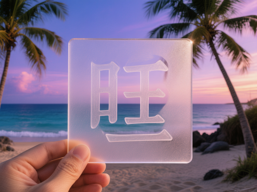 图中展示了一幅在热带海滩背景下的特写画面。一只左手捏着一块正方形的半透明磨砂玻璃板，玻璃板中心刻有一个巨大的汉字“旺”。背景是黄昏时分的海景，天空呈现出迷人的粉紫色调，远处有几棵高耸的椰子树，海浪轻轻拍打着沙滩。整体色调温暖且富有度假感，光线从右上方照射，使玻璃板边缘产生了一抹亮丽的轮廓光。

在 AI 生成的细节方面，存在明显的逻辑缺陷：首先，手部捏住玻璃板的方式不符合物理常识，手指仿佛直接从玻璃板边缘“长”了出来，缺乏真实的握持感和遮挡关系。其次，玻璃板上的汉字“旺”结构异常，右侧的“王”字下方多出了一横，且笔画末端与背景的融合显得生硬。此外，左侧椰子树的叶片纹理略显模糊，与真实植物的精细度有所差距。