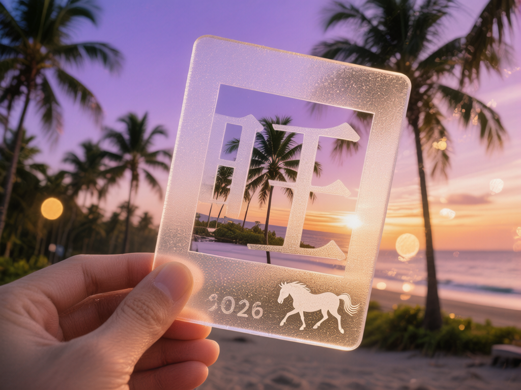 图中展示了一只左手拿着一块半透明磨砂质感的长方形卡片，背景是落日余晖下的热带海滩。天空呈现出梦幻的紫色与橙色渐变，远处点缀着几棵高大的棕榈树剪影。卡片中心被镂空成一个巨大的汉字「旺」，通过镂空处可以看到背景中的海景与树木。卡片底部印有白色的数字「2026」和一匹奔跑的马的剪影。整体构图采用第一人称视角，光影柔和，带有明显的电影感滤镜。在 AI 生成细节方面，存在一些逻辑缺陷：手持卡片的手指比例略显不自然，指尖与卡片的接触位置缺乏真实的物理压痕；卡片上的数字「2026」字形略有扭曲；背景中的光斑（虚化效果）分布过于规则，且右侧海浪的纹理略显模糊，与真实摄影的透视感存在细微偏差。