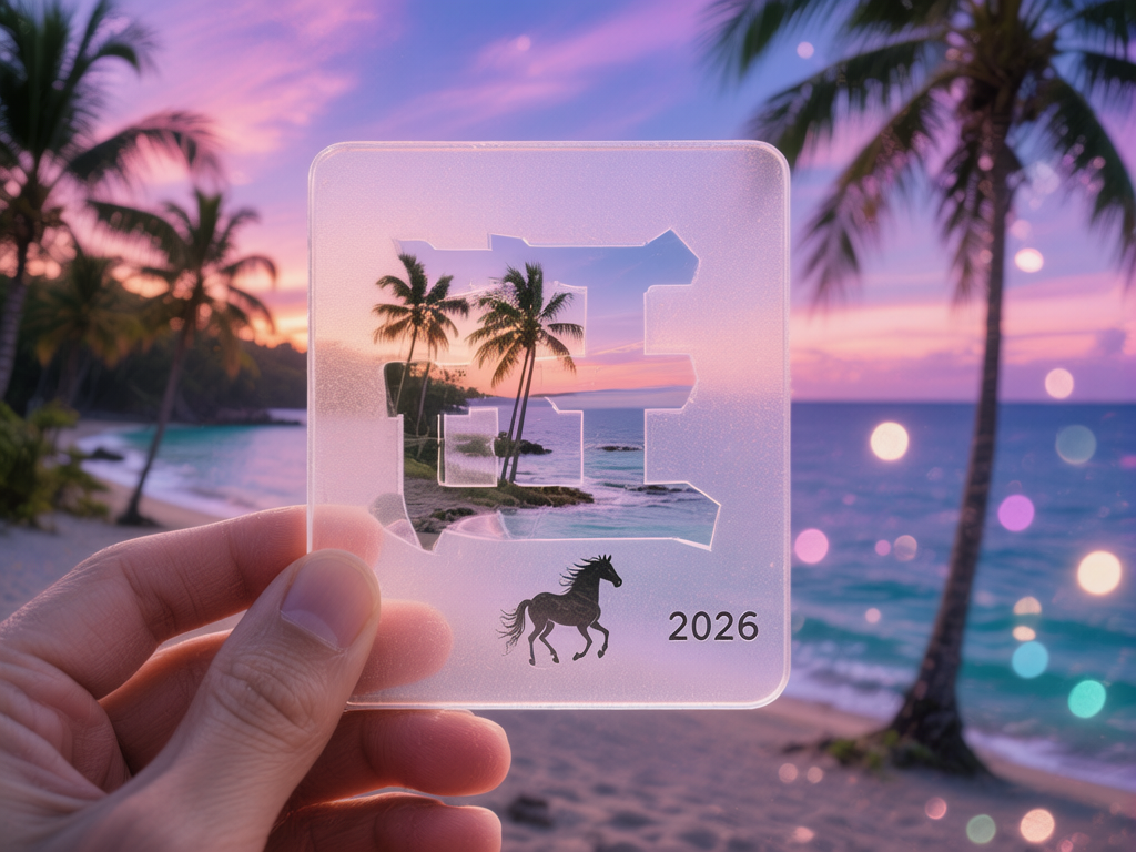 图中展示了一只左手捏着一块半透明的磨砂质感正方形卡片，背景是浪漫的夕阳海滩。背景中，粉紫色的晚霞铺满天空，几棵高大的棕榈树错落有致，海浪轻轻拍打着沙滩，画面右侧伴有梦幻的光斑。卡片中心有一个镂空的汉字，形状接近“正”字但结构并不标准，透过镂空处可以看到背景中的棕榈树和海景。卡片下方印有一匹奔跑的黑色骏马剪影和数字“2026”。作为一张 AI 生成的图片，画面存在明显的逻辑缺陷：首先，镂空汉字的笔画结构不符合常规汉字写法，显得支离破碎；其次，手部的大拇指指甲形状略显生硬，且手指与卡片的接触边缘过于平滑，缺乏自然的压迫感；最后，卡片下方的马匹剪影细节较为模糊，与整体的高清背景略有违和。