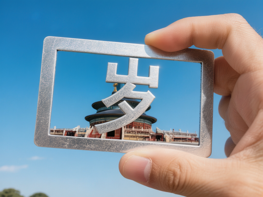图中展示了一只右手拿着一个银灰色金属边框，正对着背景中蓝天下的北京天坛祈年殿。这个金属框中心镂空，中间悬浮着一个同样材质的简体汉字「岁」。背景的天空湛蓝清澈，祈年殿的蓝色琉璃瓦顶和红色墙体在阳光下清晰可见。构图上，手部占据了画面的右侧和底部，金属框位于中心，形成了一种「画中画」的视觉效果。然而，画面中存在明显的 AI 生成缺陷：最显著的是手部结构异常，大拇指的指甲形状不自然，且食指与中指的连接处逻辑混乱，看起来像是多根手指融合在了一起；此外，金属框中间的「岁」字完全悬浮在空中，没有任何支撑点连接到外框，违背了物理常识；天坛建筑的细节也略显模糊，与真实建筑结构存在细微偏差。