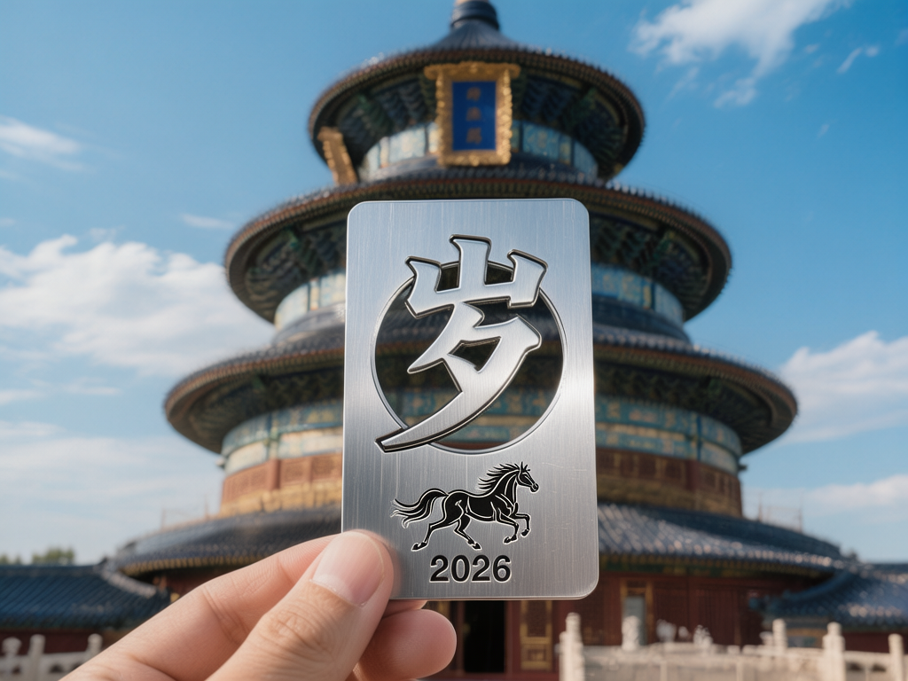 图中展示了一只手拿着一张银色金属质感的长方形卡片，背景是北京天坛祈年殿。画面构图以卡片为视觉中心，背景建筑呈现出柔和的虚化效果。卡片中心镂空刻有一个巨大的简体中文“岁”字，下方印有一匹奔跑的黑马图案以及数字“2026”。背景的天坛建筑在蓝天白云下显得宏伟，色彩以青砖蓝瓦和朱红墙面为主。然而，这张 AI 生成的图片存在明显的逻辑和细节缺陷：首先，2026 年在中国传统生肖中应为马年，但卡片上的“岁”字笔画结构生硬，且镂空边缘缺乏真实的物理厚度感；其次，背景天坛祈年殿顶部的牌匾文字模糊不清，无法辨认；最明显的错误在于手部，捏住卡片的手指比例略显不自然，且卡片仿佛凭空悬浮在指尖，缺乏合理的受力点和阴影遮挡，透视关系显得不够真实。