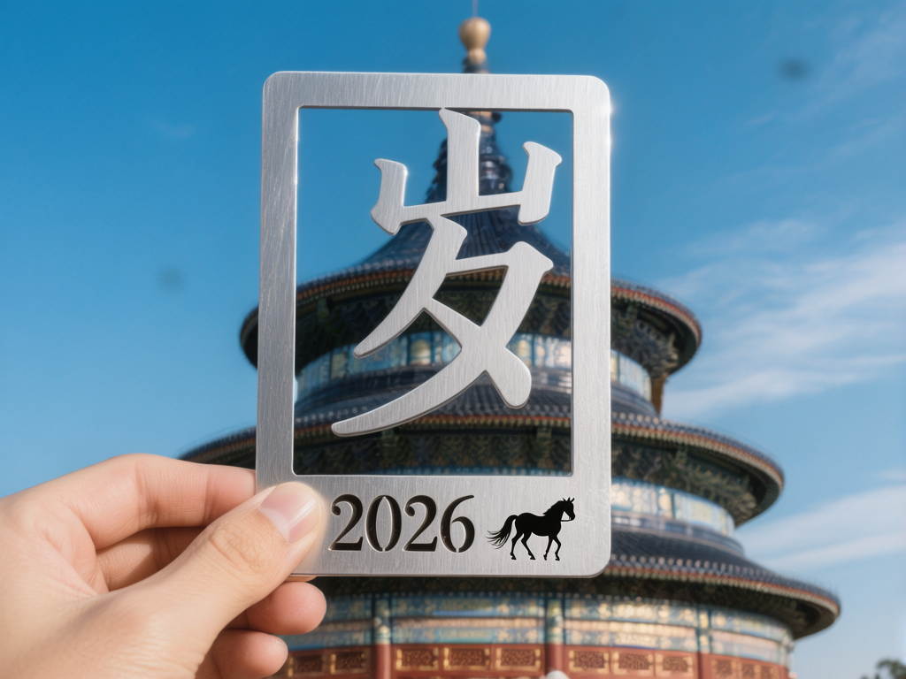 图中展示了一只左手拿着一块银色金属镂空书签，背景是北京天坛祈年殿。书签呈长方形框状，中心镂空出一个巨大的简体中文“岁”字，下方刻有数字“2026”和一匹奔马的剪影。背景的天坛建筑处于虚化状态，蓝天清晰，阳光充足。画面构图以手中的书签为视觉中心，呈现出一种旅行打卡的氛围。

在 AI 生成的细节方面，存在明显的逻辑和图形错误：首先，2026 年在农历中应为马年，但书签上的“岁”字结构异常，其上半部分的“山”字与下半部分连接方式生硬，且笔画边缘有不自然的锯齿感。其次，持物的手部比例略显僵硬，大拇指的指甲形状不够自然。最明显的错误在于背景的天坛建筑，其层数和瓦片的透视关系模糊，且天空中出现了几处不明原因的黑色虚化斑点，属于典型的 AI 渲染噪点。
