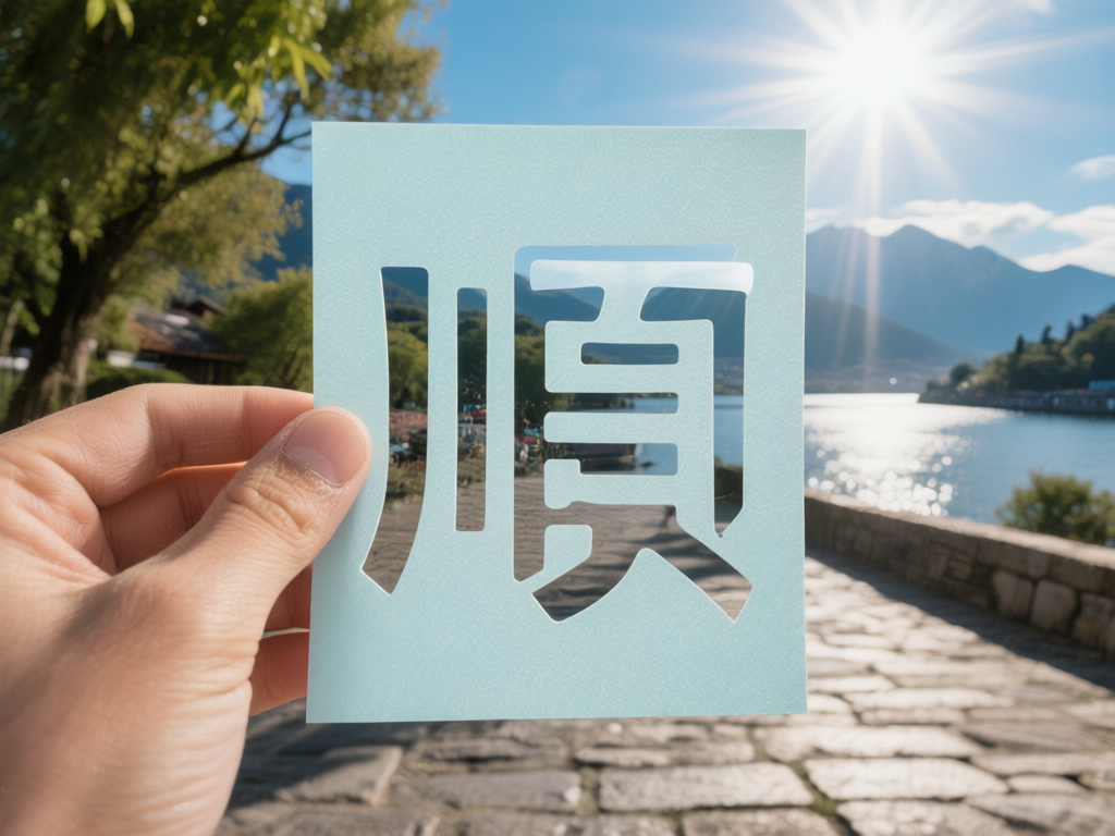 图中展示了一只左手拿着一张浅蓝色正方形纸片的近景。纸片中心被镂空剪出了一个繁体汉字「顺」，透过镂空的字体可以看到背景中波光粼粼的湖泊、远处的群山和明媚的阳光。背景是一个风景优美的户外景区，阳光从右上方直射，形成强烈的光晕和长长的阴影，地面是铺设整齐的石板路。整幅画面色彩明亮，以蓝、绿、灰为主色调，营造出一种宁静、吉祥的氛围。在 AI 生成的细节方面，存在明显的逻辑缺陷：手持纸片的方式不符合物理常识，大拇指虽然按在纸片边缘，但纸片看起来像是悬浮在虎口处，缺乏足够的支撑点；此外，镂空的「顺」字内部笔画（如“页”字部分）在没有连接桥的情况下竟然悬空漂浮在纸片中，这在现实的剪纸工艺中是不可能实现的。