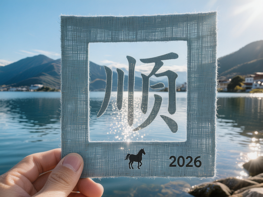 图中展示了一只左手拿着一个正方形的浅蓝色亚麻质感边框，背景是阳光明媚的湖光山色。边框中心是镂空的，悬浮着一个灰色的中文楷体“顺”字，阳光透过字体间的缝隙洒在波光粼粼的湖面上。边框底部印有一匹黑马的剪影和数字“2026”。背景中的湖水清澈，远处有连绵的青山和错落的房屋，整体色调清新自然，充满希望感。在 AI 生成的细节方面，存在明显的逻辑缺陷：中间的“顺”字没有任何支撑却悬浮在边框中心，不符合物理常识；左下角拿框的手指比例略显生硬，指尖与边框的接触处缺乏真实的受力压痕；此外，边框右侧边缘有不自然的重影，且背景中湖岸线的透视与边框的角度略有偏差。